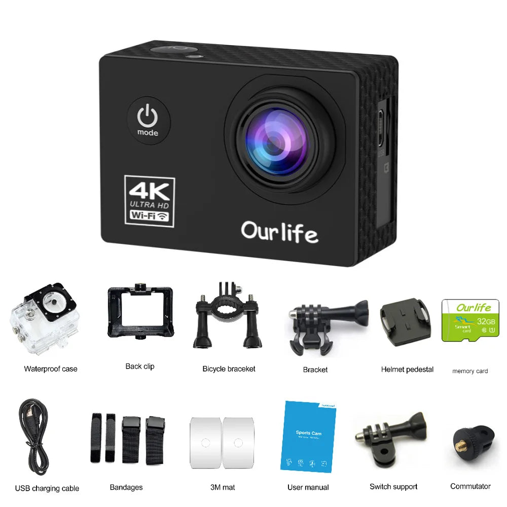 OURLIFE Action Camera Ultra HD 4K 30fps Sport Cam With WiFi