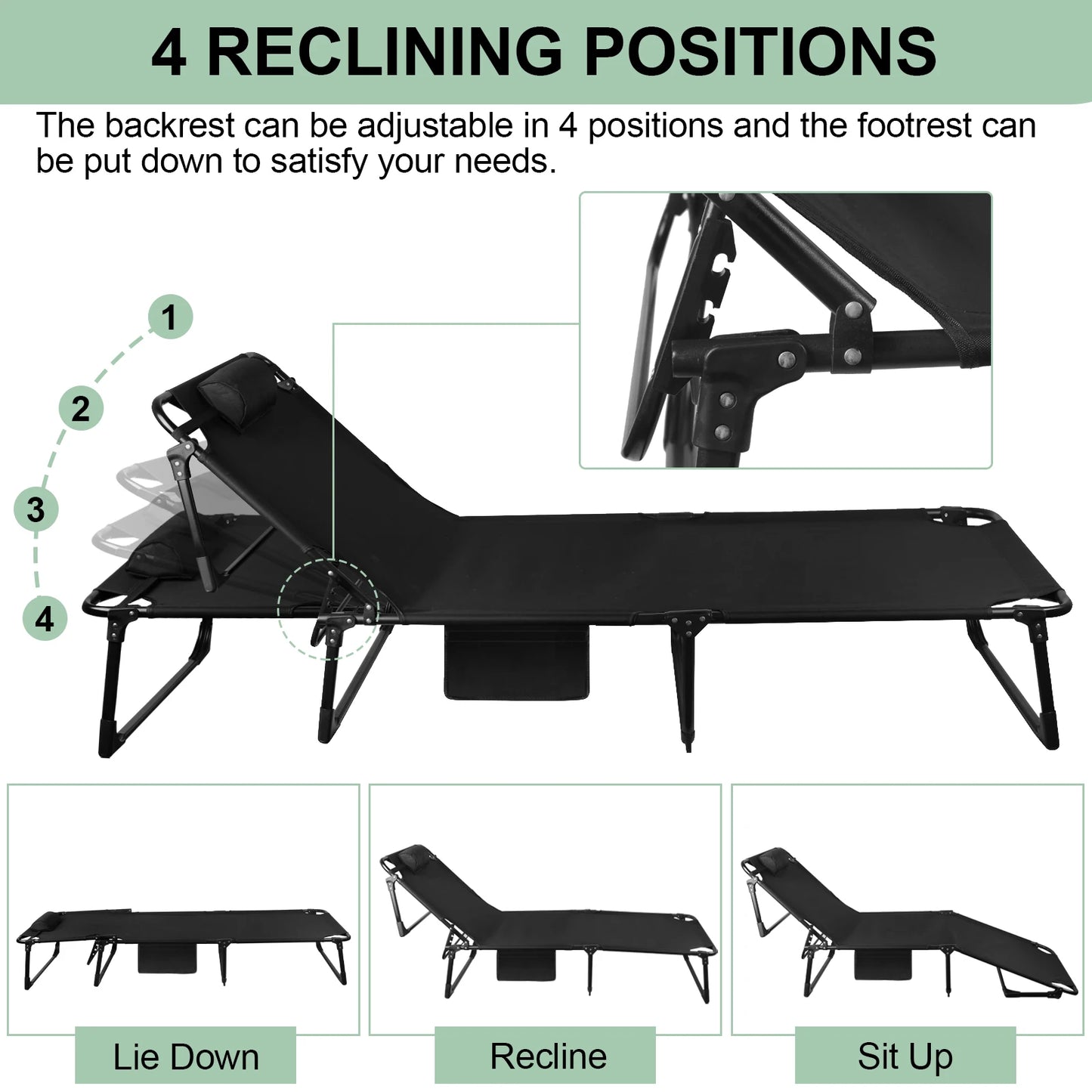 Portable Folding Camping Cot 3 Position Adjustable Reclining Lounge Chair