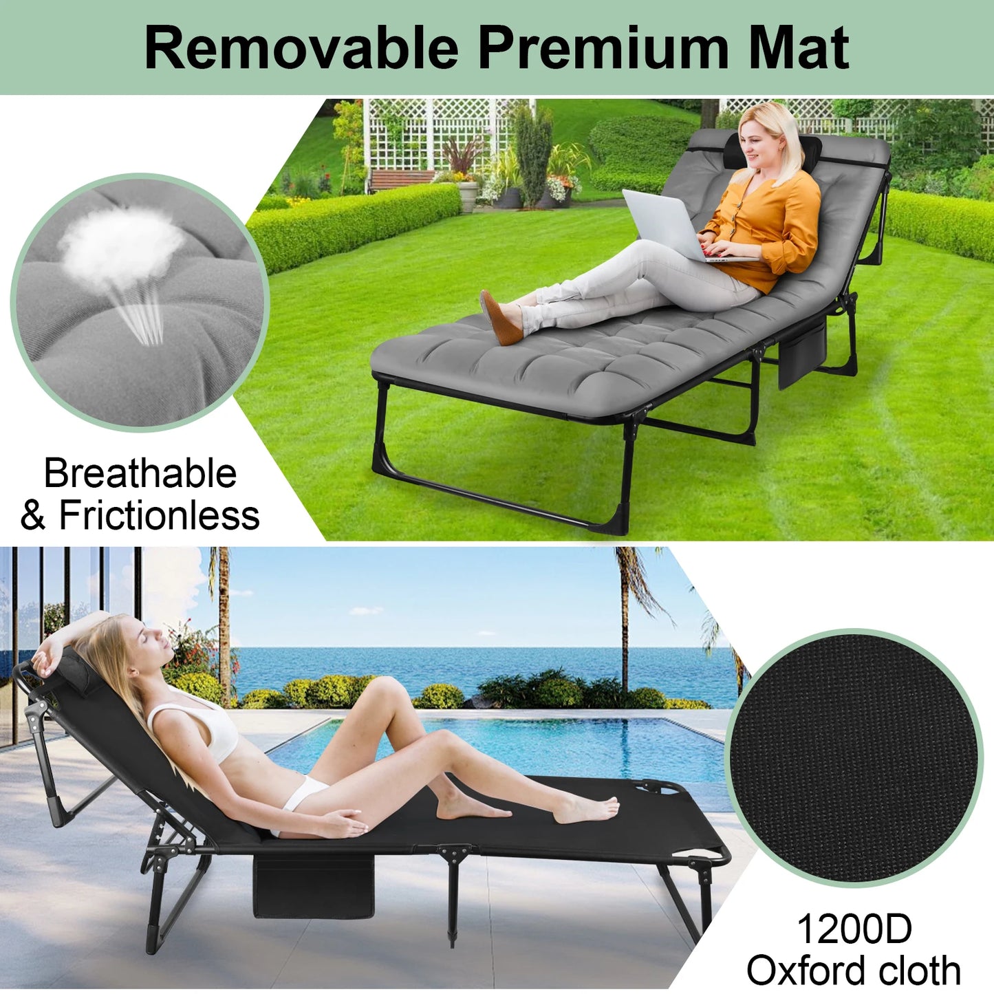 Portable Folding Camping Cot 3 Position Adjustable Reclining Lounge Chair