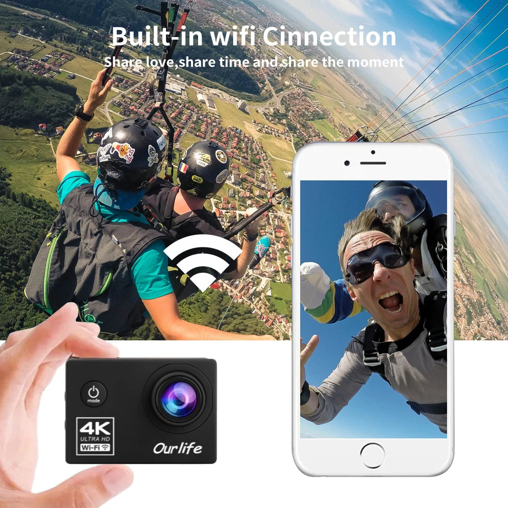 OURLIFE Action Camera Ultra HD 4K 30fps Sport Cam With WiFi