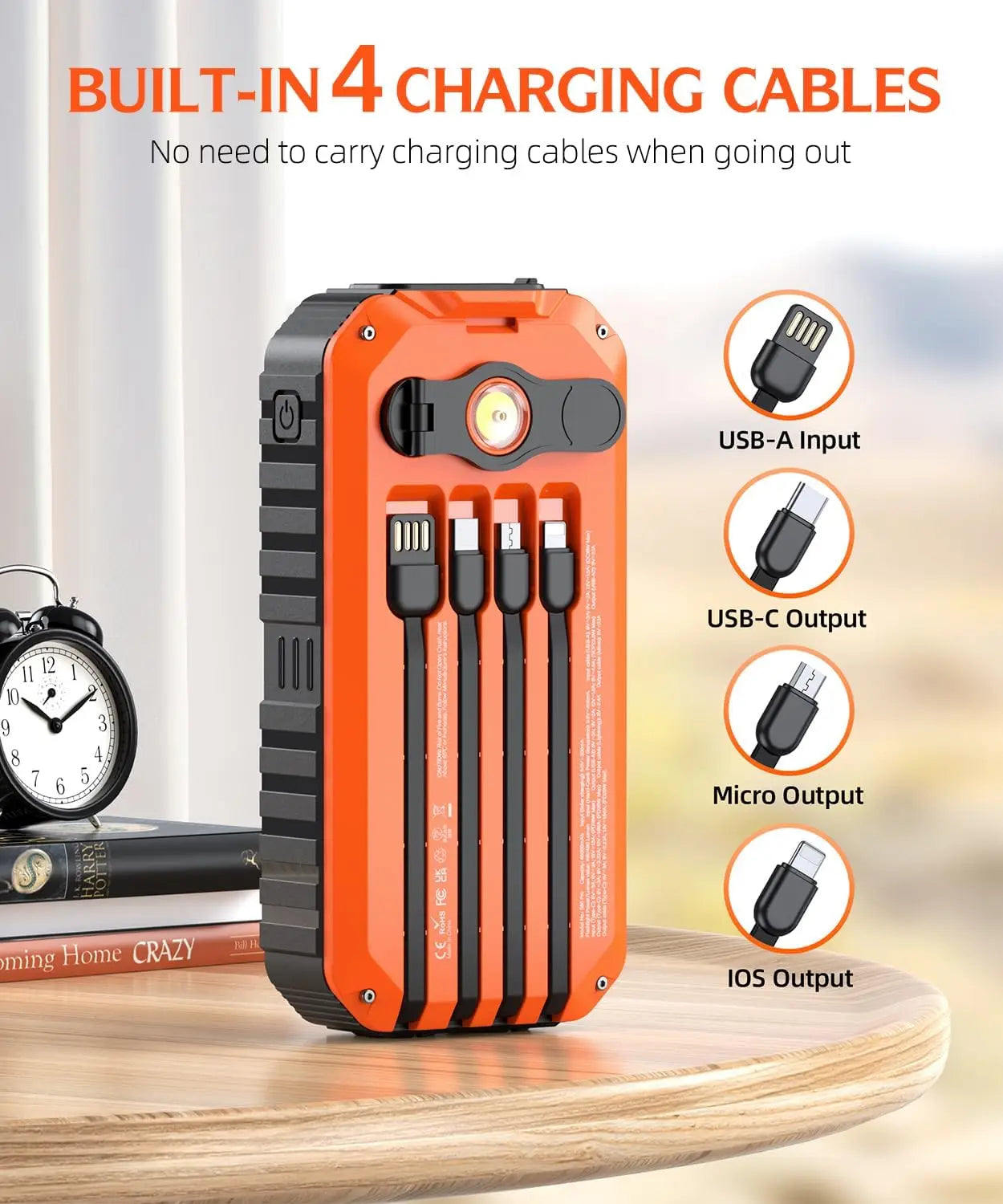 Solar Charger Bank Built In Cables Hand Crank 6 Outputs