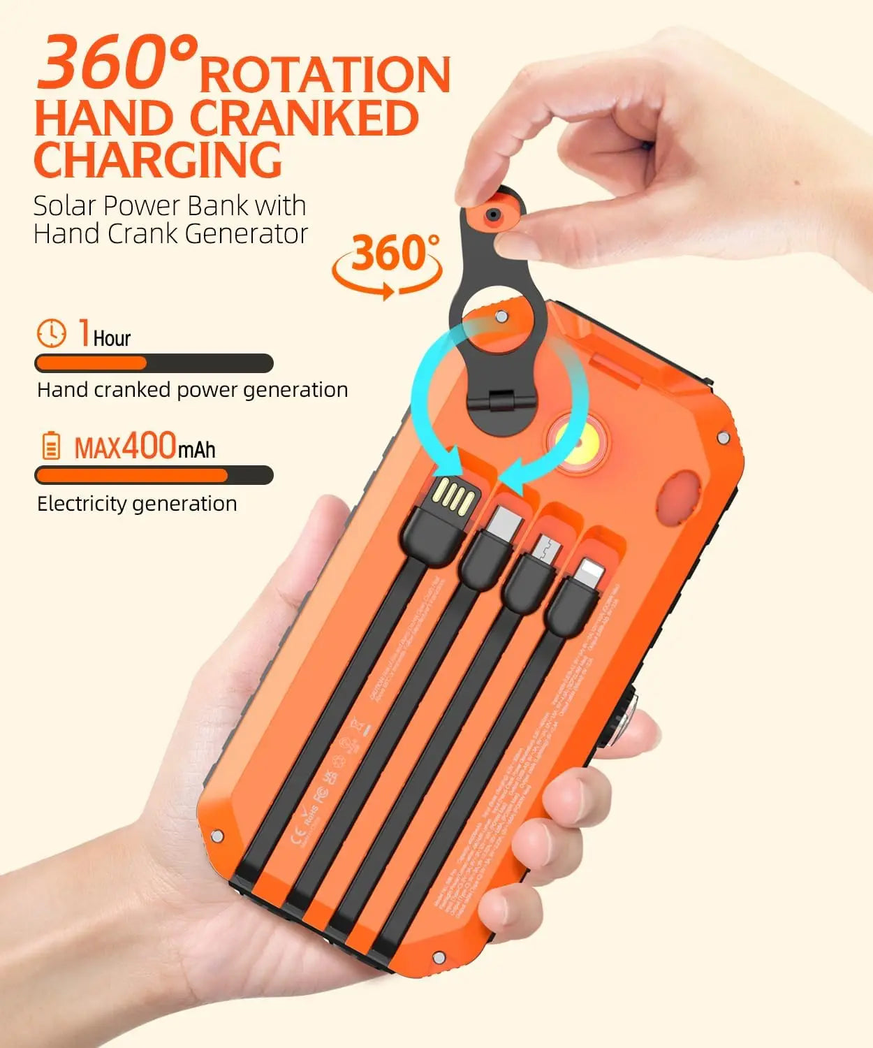 Solar Charger Bank Built In Cables Hand Crank 6 Outputs