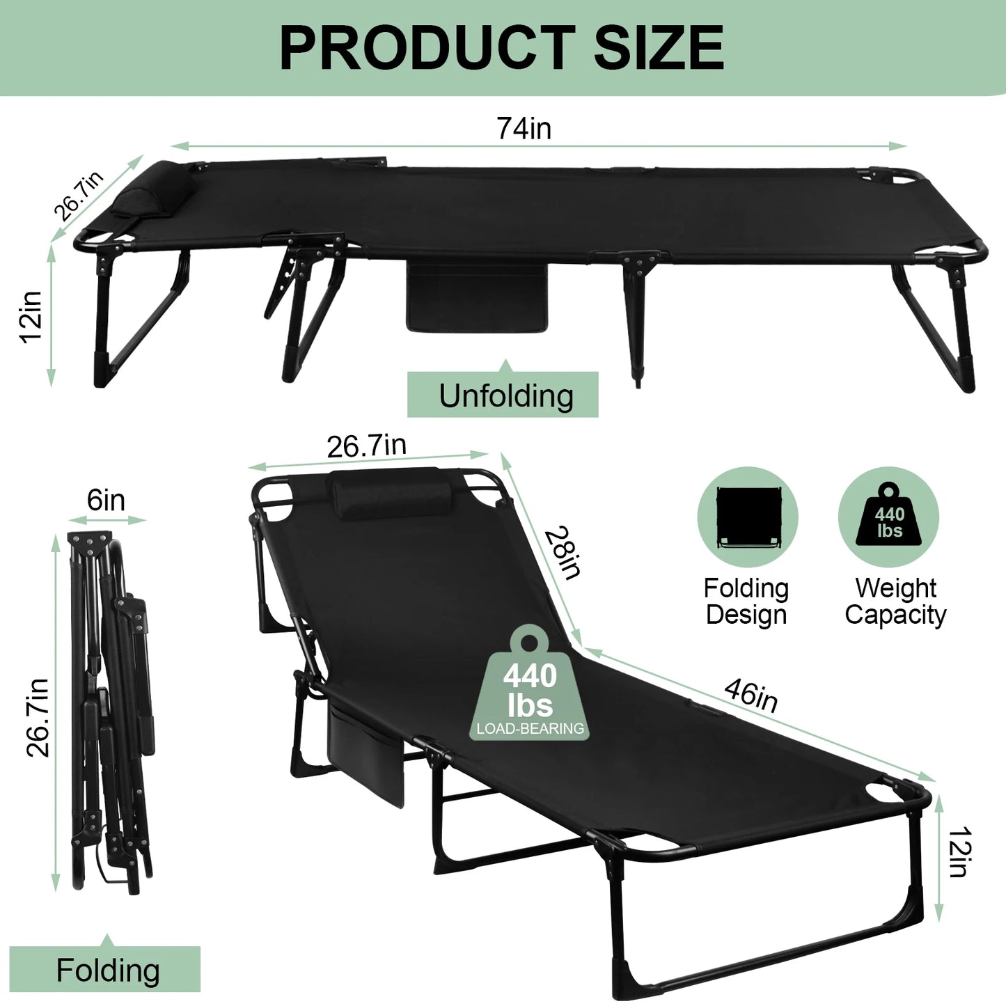Portable Folding Camping Cot 3 Position Adjustable Reclining Lounge Chair