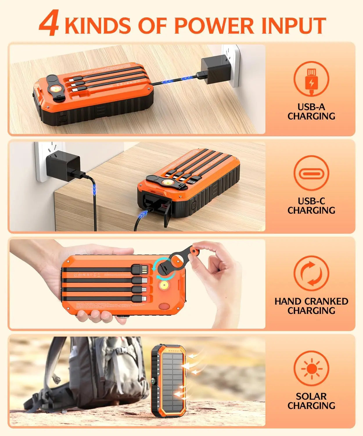 Solar Charger Bank Built In Cables Hand Crank 6 Outputs