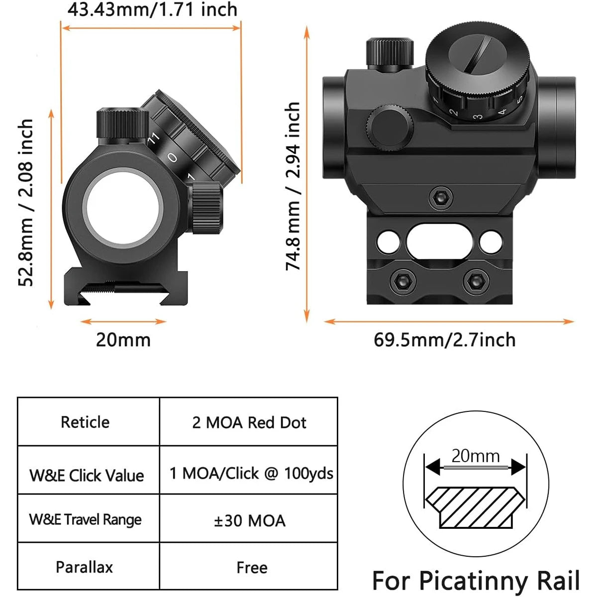 Nabila 2MOA Red Dot Sight 1x25mm Reflex Rifle Scope
